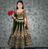 Green velvet ethnic wear Semi-stitched embroidered Lehenga Choli Dupatta set for baby girls, perfect for special occasions