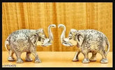 Silver-finished metal elephant pair, intricate carvings, decorative showpiece (13cm x 9cm x 5cm, set of 2)