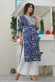 Navy blue chikankari print cotton kurti with Palazzos, 3/4th sleeve - Indian embroidered cotton kurta and Palazzo set for woman (M-XXL)