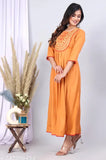 Embroidered rayon round-sleeve kurti, ideal for maternity wear, featuring collared neck and belt, made in India