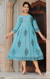 Sky blue & black rayon Anarkali kurti with embroidered block print, three-quarter sleeve length for women. Available in sizes M, L, XL, XXL