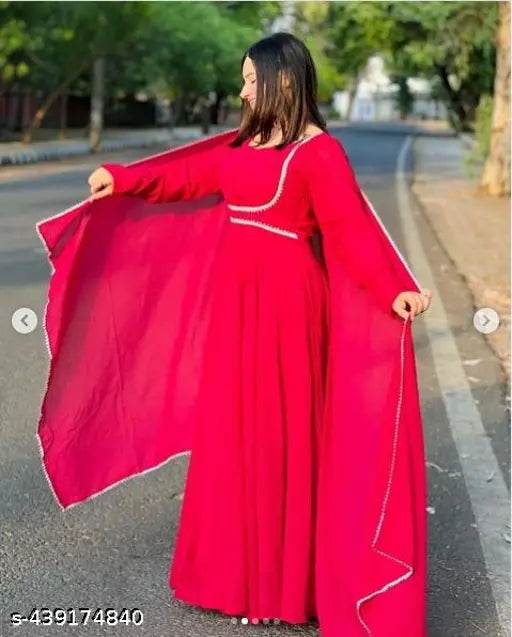 Pink lace Georgette kurti with dupatta, solid pattern, long sleeves, multiple sizes available