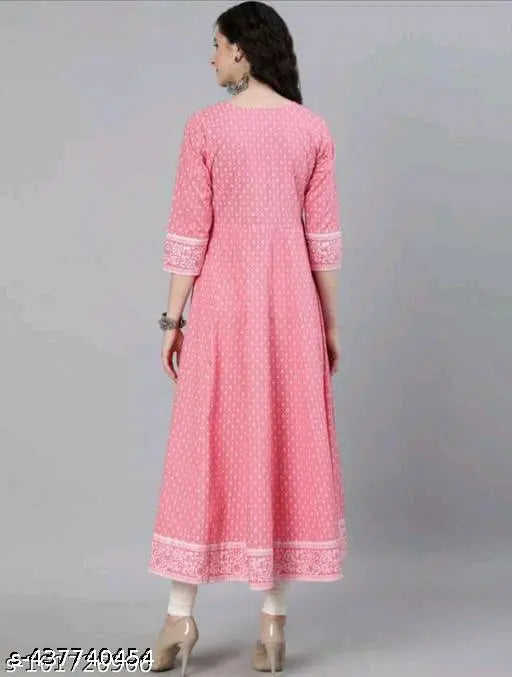Peach rayon embroidered Priyaank gown, three-quarter sleeves, printed combo - Indian fashion on mannequin