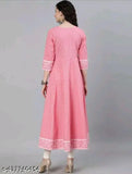 Peach rayon embroidered Priyaank gown, three-quarter sleeves, printed combo - Indian fashion on mannequin