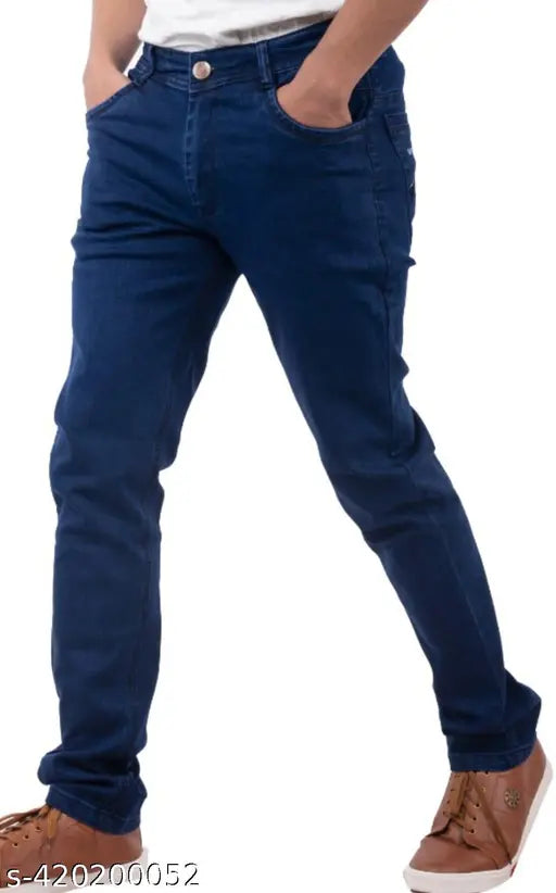 Blue satin slim-fit party jeans for men, full length and trendy