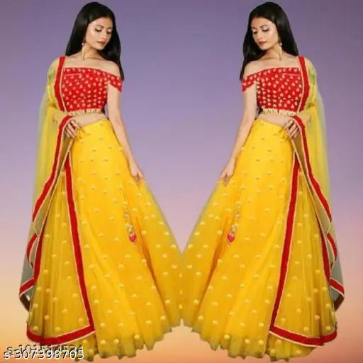 Embroidered satin choli and net dupatta lengha set, 100% best net, Indian bridal wear semi-stitched (32"/40"), on mannequin
