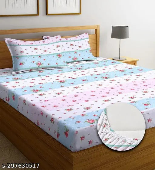 White cotton elastic fitted bedsheet with two pillow covers, fits up to 8-inch mattress (78x72 inches), floral pattern for adult AC room