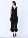 Black cotton blend sleeveless jumpsuit for women & girls, full-length with V-neck and side pockets. Stylish and casual, perfect for homewear, school, shopping, beach, vacation, or any activities. Made in India