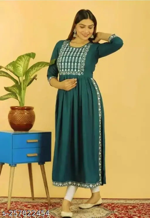 Embroidered rayon kurti, three-quarter sleeves, attractive Indian fashion, SMLXXXL sizes