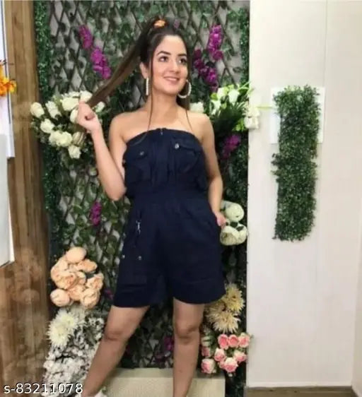 Denim sleeveless jumpsuit, solid pattern, off-shoulder design, India-origin