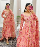 Peach Georgette dupatta set with long sleeves, printed design, India origin