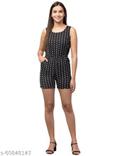 White polka dot polyester romper on black background, sleeveless, women's fashion clothing, printed net pattern