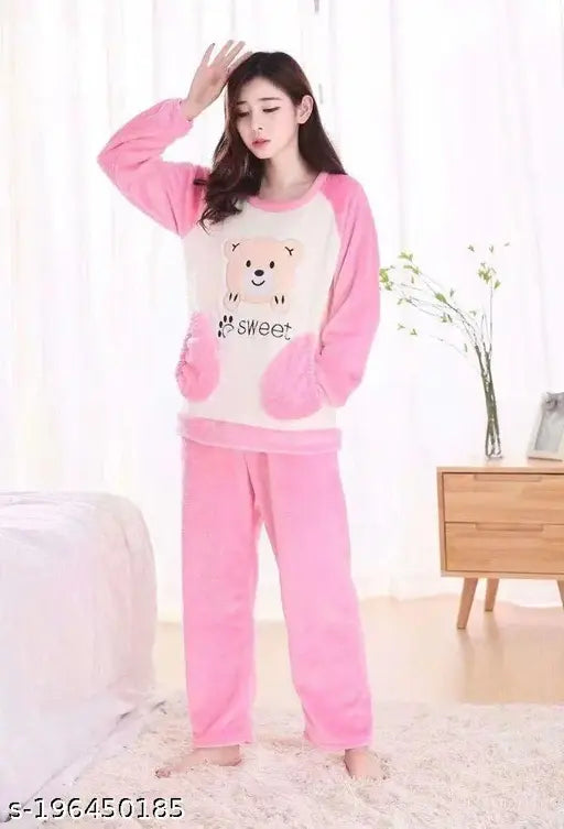 Winter night suit imported, wool t-shirt and pyjama set with long sleeves, printed pattern