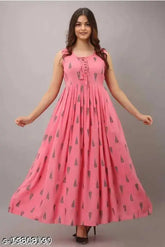 Peach rayon printed Anarkali sleeveless long kurti gown, elegant, feminine, graceful Indian women's fashion