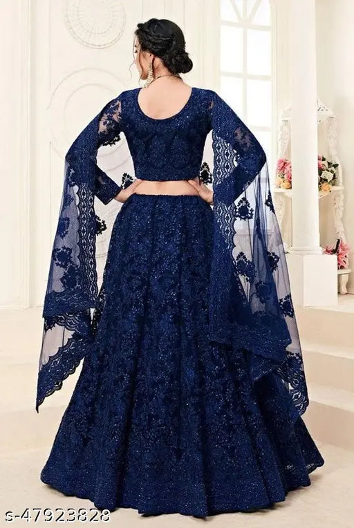 Embroidered green net Lehenga Choli with semi-stitched size 40, full sleeve, and heavy chain work; Net dupatta featuring four-side embroidery and lace border