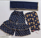 Grey rayon sharara set with umbrella design & dupatta (girls), soft, breathable, whimsical, festive outfit for kids