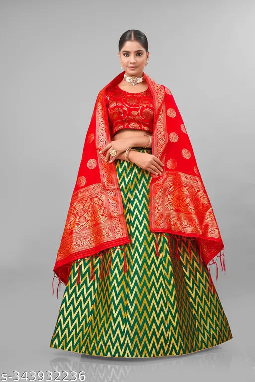 Stylish silk lehenga choli set with embroidered blouse and ethnic motif dupatta, Banarasi weaving from India