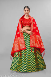 Stylish silk lehenga choli set with embroidered blouse and ethnic motif dupatta, Banarasi weaving from India