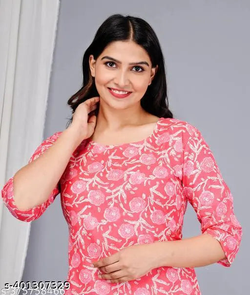 Women's cotton all-over floral block printed night suit top & pyjama set, three-quarter sleeves, Indian handcrafted print on display