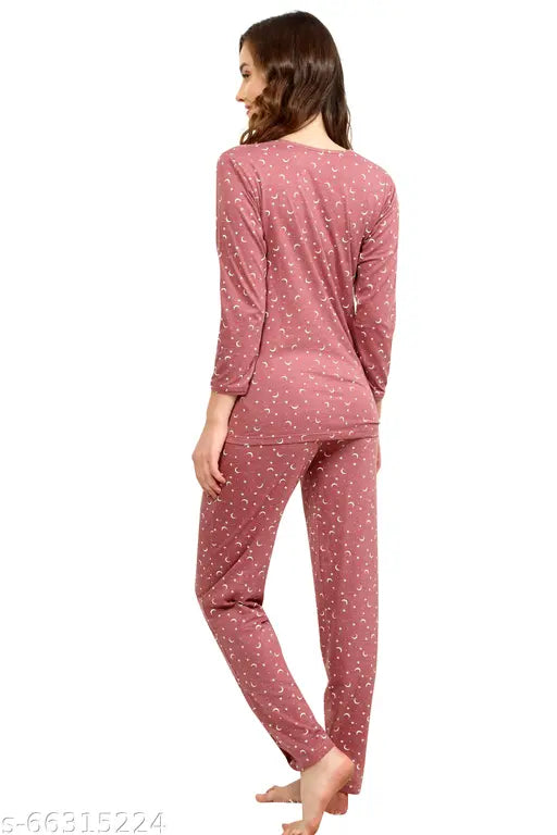 Pink cotton star and moon printed top & pyjama full sleeve nightsuit set, Lotik Women's loungewear with color fastness guaranteed