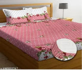 Glace cotton elastic floral bedsheet with 2 pillow covers, superfine quality for AC room use, ideal for adult double/queen size beds, made in India