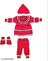 Red wool Firok baby sweater and pajama set, printed net pattern. Easily cleanable winter wear for babies in sizes ranging from 0-1 years. Made in India