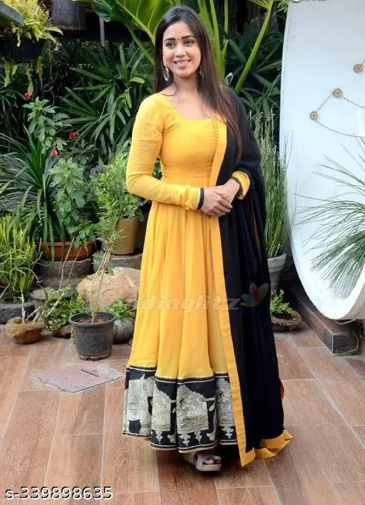 Rayon embroidered women's gown kurta, solid pattern, three-quarter sleeves, India origin, M-XXXL sizes available