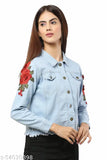 Blue denim jacket with embroidered floral patch, long sleeves, size S-XL. Trendy denim apparel from India