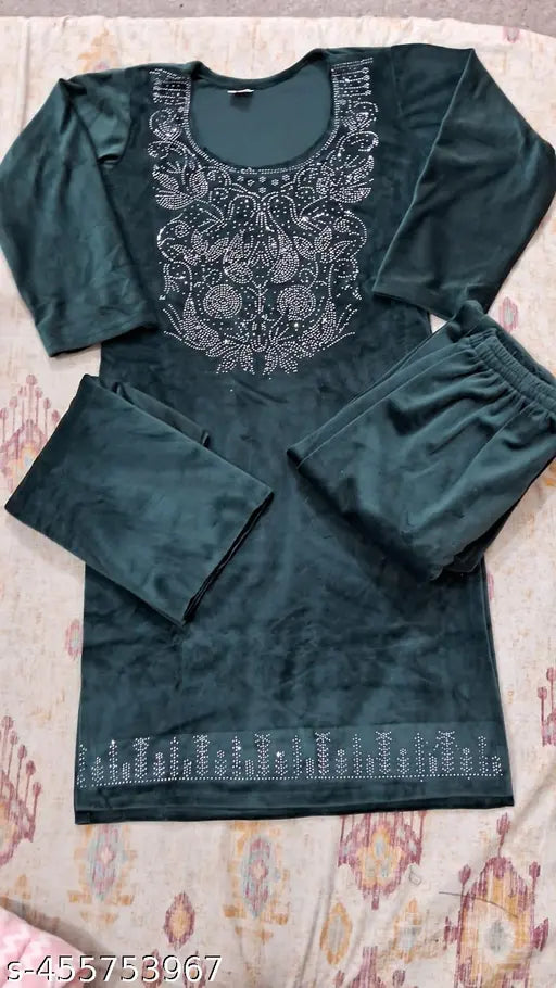 Velvet winter kurta palazzo set for women, super soft velvet with embellished net details