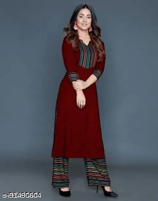 Rayon kurta palazzo set for women, printed design, three-quarter sleeves, round neck, India