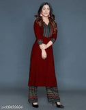 Rayon kurta palazzo set for women, printed design, three-quarter sleeves, round neck, India