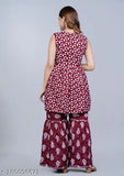 Maroon embroidered printed rayon kurti sharara set with duptatta for women - Indian fashion, new stylish sizes