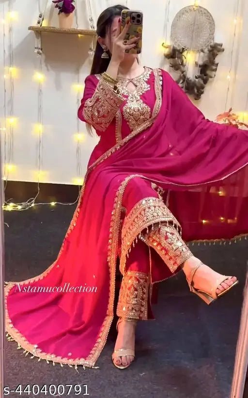 Magenta Anarkali suit set, luxury embroidered partywear with golden details, traditional heavy work dress, Chinon silk fabric