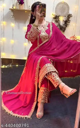 Stunning magenta Anarkali suit set, luxury embroidered with golden details and traditional heavy work dress, silk Chinon fabric