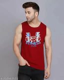 Maroon cotton sleeveless Swiftly men's typography round t-shirt, printed design on display