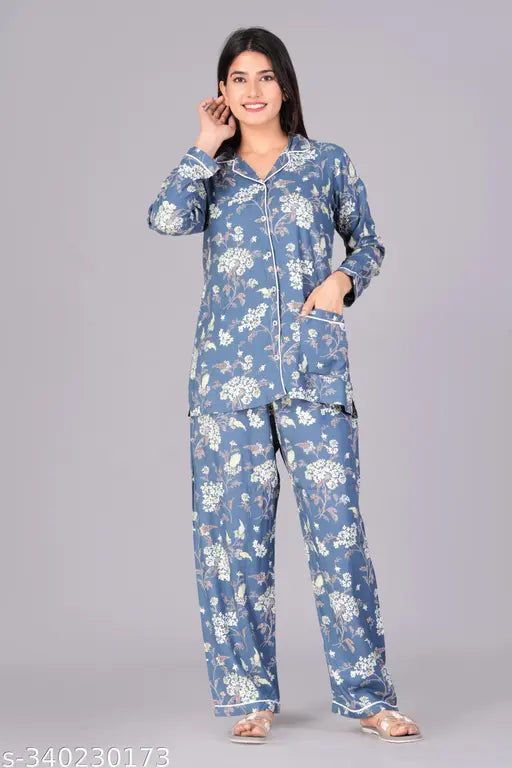 Women's rayon slub night suit set with printed net pattern, featuring three-quarter sleeves and matching bottoms in two sizes (M & L)