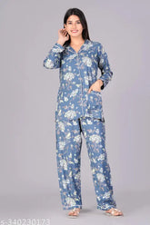 Women's rayon slub night suit set with printed net pattern, featuring three-quarter sleeves and matching bottoms in two sizes (M & L)