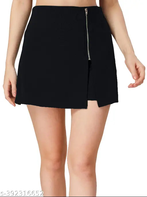 Pollycotton solid flared skater mini skirt with shorts for women & girls, comfortable to wear, mid-waist design with belt and zip closure, attached shorts style at back, fit and flare style