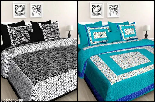 100% cotton Jaipuri double bed flat sheets, ethnic motifs, summer-ready combo with 4 pillow covers, made in India