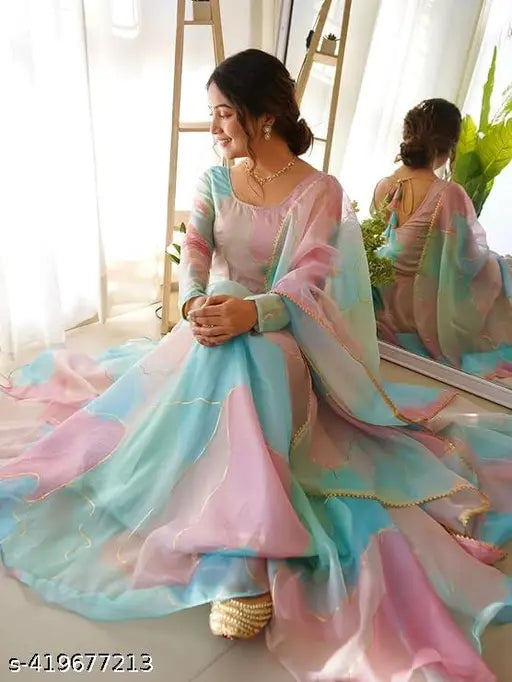 Multicolor Georgette A-line dress with three-quarter sleeves, size M-XXL, trendy skater party wear, Indian designer fashion