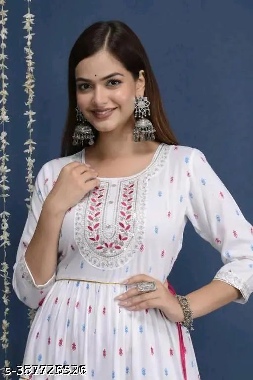 Rayon printed Anarkali Kurta with embroidery, three-quarter sleeves, vibrant Indian fashion wear