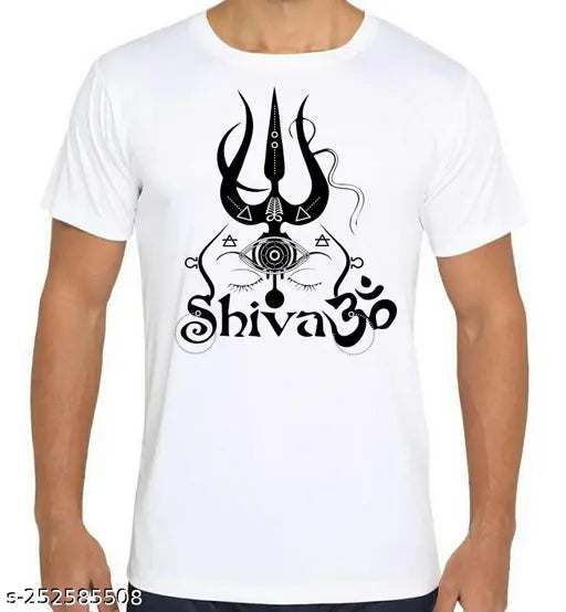 White polyester round neck half sleeve T-shirt with sublimation printing featuring images of Bhole Nath, Shiv Shankar, Mahadev, and Mahakal, both sides