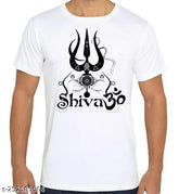 White polyester round neck half sleeve T-shirt with sublimation printing featuring Bhole Nath, Shiv Shankar, Mahadev, and Mahakal symbols, both sides