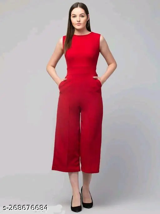 Black cotton blend sleeveless solid pleated round neck jumpsuit for women, stylish western wear, perfect for summer