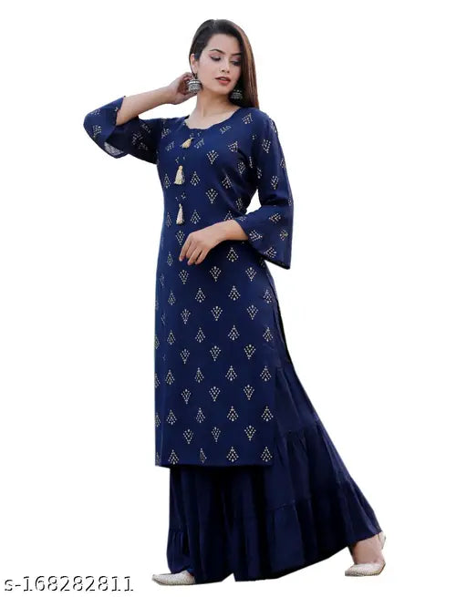 Women's plus size blue printed rayon kurta and sharara set, three-quarter sleeves, rayon fabric, printed pattern on display