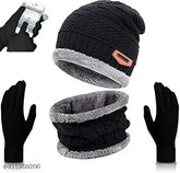 Woolen Men & Women Beanie Cap with Touh screen Gloves (India), solid pattern, warm fleece-lined for winter