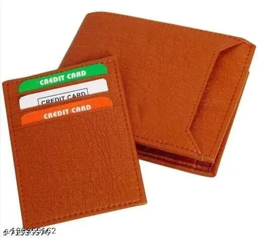 Tan artificial leather wallet for men, solid pattern, 12 card slots, free size (12cm x 9cm), genuine leather look