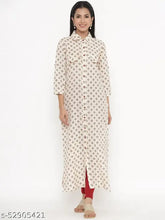 Offwhite cotton A-line kurti by Kipek, featuring three-quarter sleeves and intricate print design. Indian ethnic wear for women in soft color