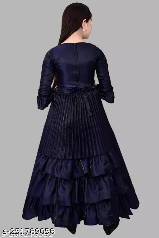 Dark blue poly silk full-length party dress for girls, stylish designer wear by Rahima Garments. Versatile for formal events, available in sizes 3-4 years to 11-12 years