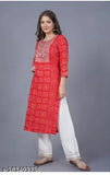 Rayon Bandhani print embroidered round neck kurta, 3/4 sleeves, not colorfast after wash